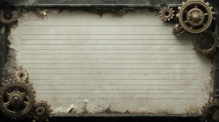 Grungy steampunk-themed background with lined paper, vintage gears, and metallic frame, perfect for sci-fi or industrial design use.