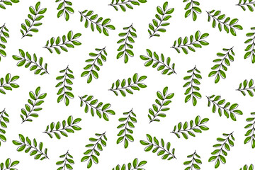 Seamless pattern of green leaves, drawn style. Botanical background of delicate green twigs, spring design for decorating wallpaper, fabrics, clothes. Fresh print of juicy greenery. Elegant pattern.