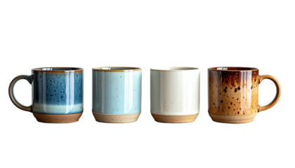 Four speckled ceramic mugs lined up