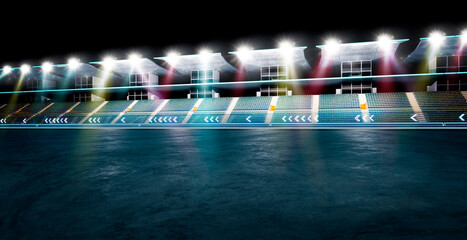 3d rendering racing stadium grandstand at night with bright lights