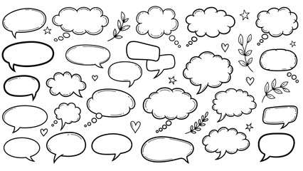 Hand drawn speech bubbles and thought clouds with doodle elements collection