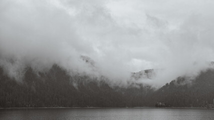 Black and White Misty Forest Mountains over Lake