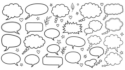 Fototapeta premium Hand drawn speech bubbles and thought clouds with doodle accents on white