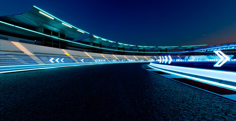 3d rendering futuristic racetrack with stadium and neon illumination at night