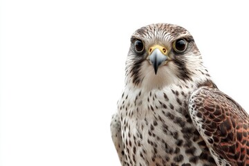 Fototapeta premium A wild falcon, a majestic bird of prey, looks directly forward with its keen eyes in a close up portrait, isolated on white.