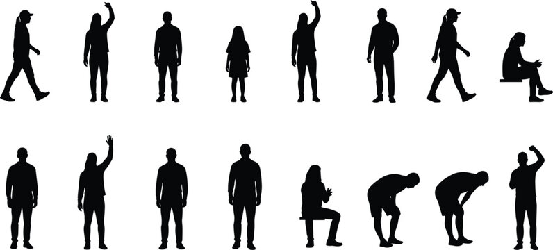 Human silhouette gesture collection, standing, walking, sitting, bending, raising arm, posture variety, motion study, gesture reference, animation pose set
