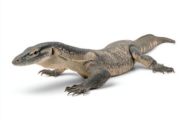 Naklejka premium A large grey and brown monitor lizard with intricate skin scales is captured crawling on a pristine white studio background.