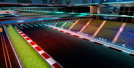 3d rendering futuristic racetrack stadium at night promoting speed