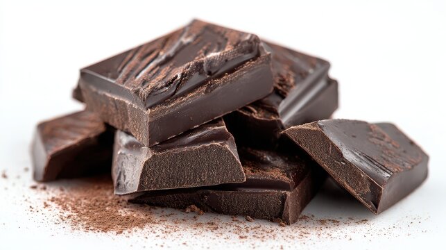 Close-up studio shot of glossy dark chocolate squares on a white surface