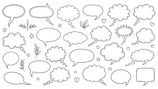 Hand drawn speech bubbles and thought bubbles collection on white background