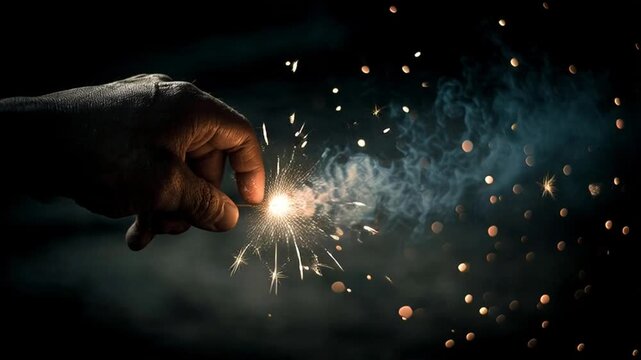Hand ignites sparkling firecracker in dark