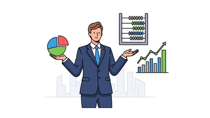 Businessman presenting financial data with charts and graphs