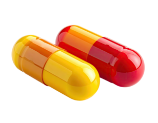 Two colorful capsules, orange & yellow, against black