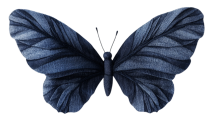 Artistic black blue butterfly with intricate vein patterns against a transparent background