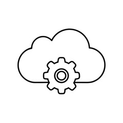 Outline drawing of cloud with a gear in the center on transparent background