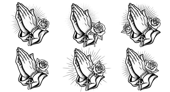 Praying Hands with Rose and Rosary Beads Illustration.