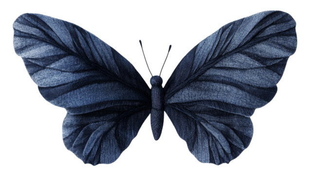 Artistic black blue butterfly with intricate vein patterns against a transparent background