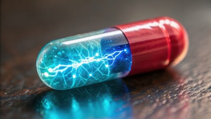 Quantum computing in healthcare concept. A vibrant capsule with a glowing blue and silver interior against a dark background.