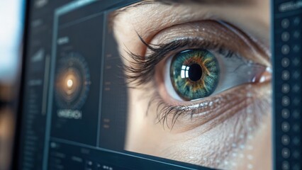 Quantum computing in healthcare concept. A close-up of an eye viewing digital data on a screen, emphasizing technology and focus.