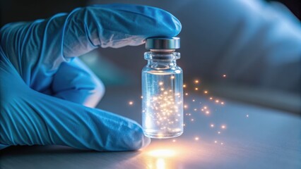 Quantum computing in healthcare concept. A gloved hand holds a small vial, emitting sparkling light effects against a subtle background.
