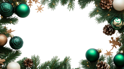 Festive christmas garland border with ornaments and pinecones around a transparent background