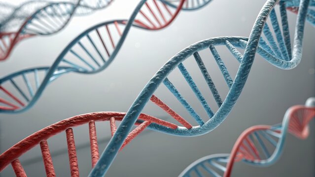 Quantum computing in healthcare concept. Abstract representation of DNA strands in blue and red hues, illustrating genetic concepts.