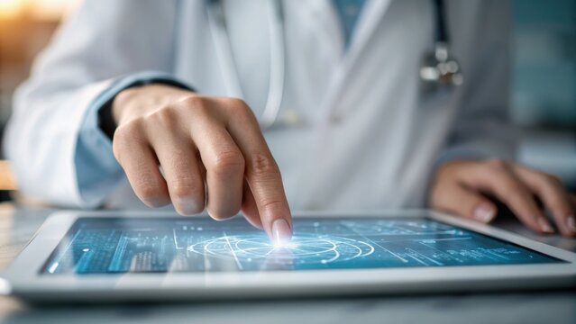 Quantum computing in healthcare concept. A doctor interacts with a digital tablet displaying medical data and graphics.
