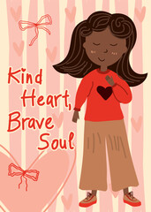 Cute girl with red sweater and heart illustration, kindness themed kids poster, inspirational children’s wall art, emotional vector character design for nursery décor