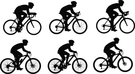Obraz premium Silhouettes of cyclists riding various bicycles, road and mountain bike styles, vector illustration for sports, transportation, fitness, lifestyle, and outdoor activity