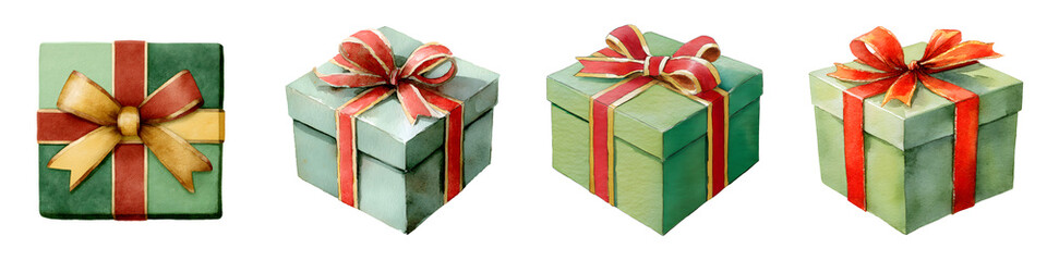 Obraz premium Set of Christmas watercolor gift boxes, isolated on transparent background