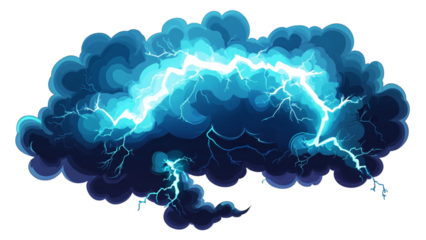 Intense blue lightning strikes illuminate a transparent stormy cloud formation