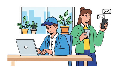 Colorful Continuous Line Office Worker Illustrations – Laptop Typing and Smartphone Email Checking Art