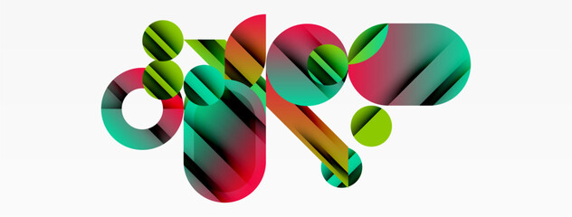 Abstract geometric shapes overlap, creating vibrant color gradients. Composition features circles, rectangles, dynamic arrangement.