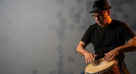Musician playing percussion instruments in Sao Paulo studio, Brazil