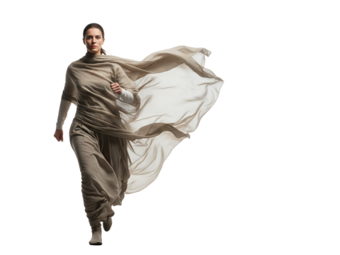 Woman running with flowing fabric isolated on transparent background