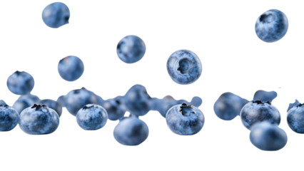 Fresh blueberries splashing and falling in mid air against a transparent background