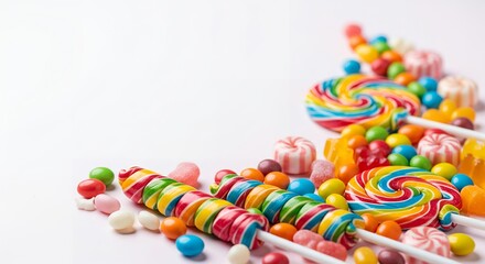 Assorted Colorful Candy and Rainbow Lollipops on White Background with Copy Space