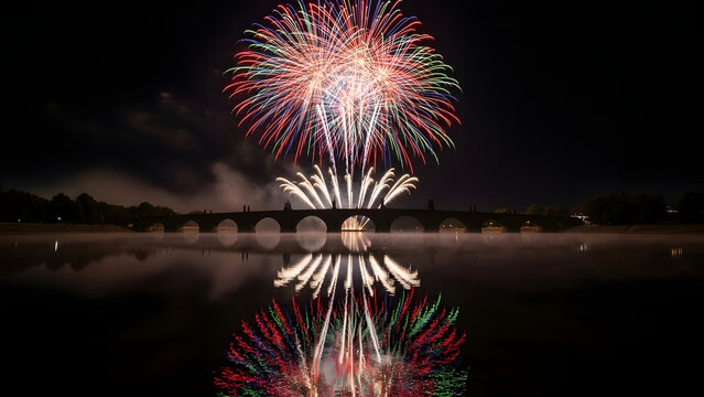 Vivid and Colorful Fireworks Display over a Peaceful River at Night