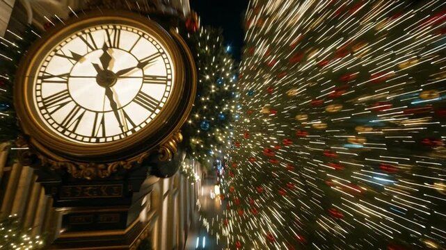 Holiday clock amidst twinkling town