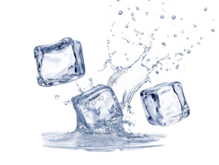 Crystal clear ice cubes splashing water against a transparent background