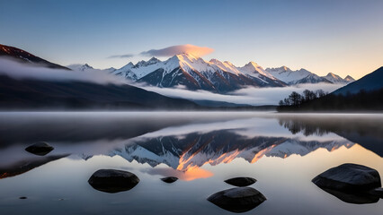 Serene mountain landscape reflecting in a calm lake at dawn, with snow-capped peaks and a touch of mist.