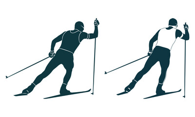 Two dynamic cross country skiers captured in a powerful silhouette against a white background showcasing their athletic form and movement silhouette