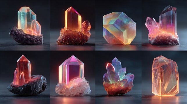 Neon crystal formations in 3D showcasing glowing geometric structures, vibrant neon colors for digital art, NFT collections, and futuristic design projects.
