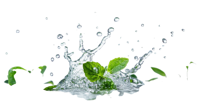 Fresh mint leaves splashing in water against a transparent background