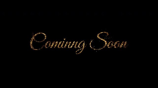 Coming Soon Text Animation. Elegant Gold Particle Announcement Message on Black Background for Trailers, Reveals, and Promotions
