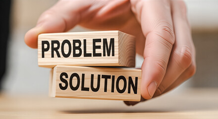 Hand turning wooden blocks changing word problem to solution on table concept strategy innovation success overcoming obstacle