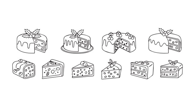 Collection of hand drawn cake slices and whole cakes in a distinctive silhouette style