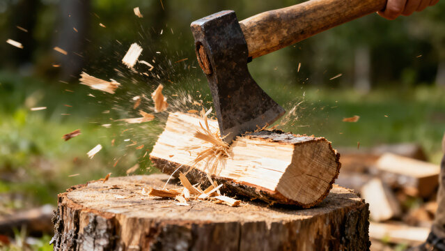 Axe Striking Log with Flying Wood Chips in a Natural Outdoor Environment - Powered by Adobe