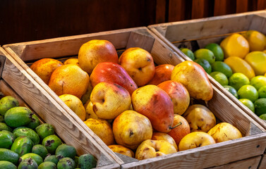 Ripe organic pears at the market. Farmers' market with fresh fruits and vegetables. Colorful display of seasonal produce for retail sale. Fruits and vegetables at the market.