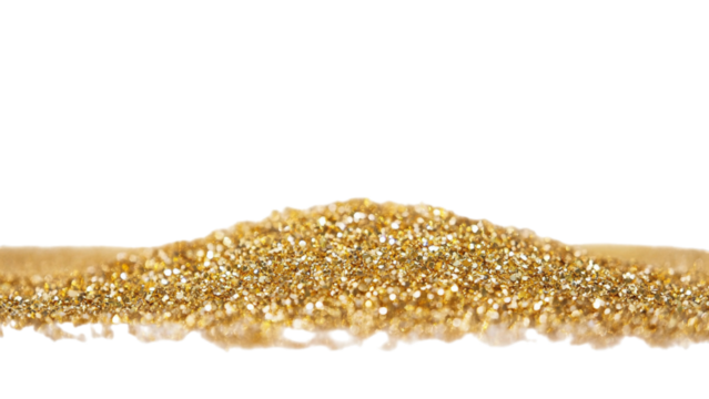 Close up macro view of sparkling golden glitter particles on a textured surface against a transparent background